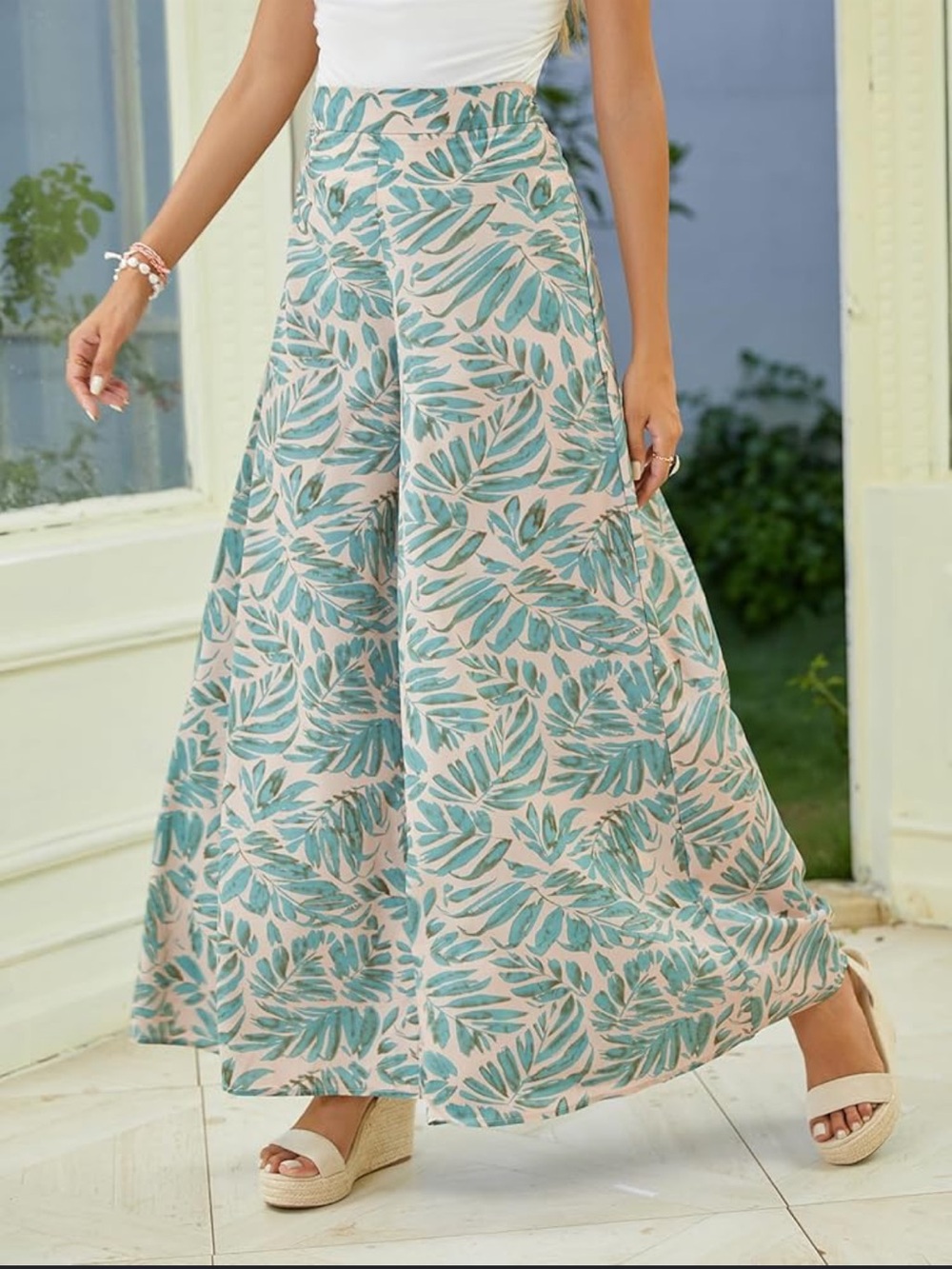 Amazon Wide Leg Pants in Teal Leaf Print on Cream